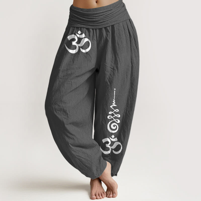 Buddha Stones Pantalon harem à taille élastique pour femme, motif lignes énergétiques OM, en coton Calm - Gris terne - US16，UK/AU20，EU48 (3XL) - image 8