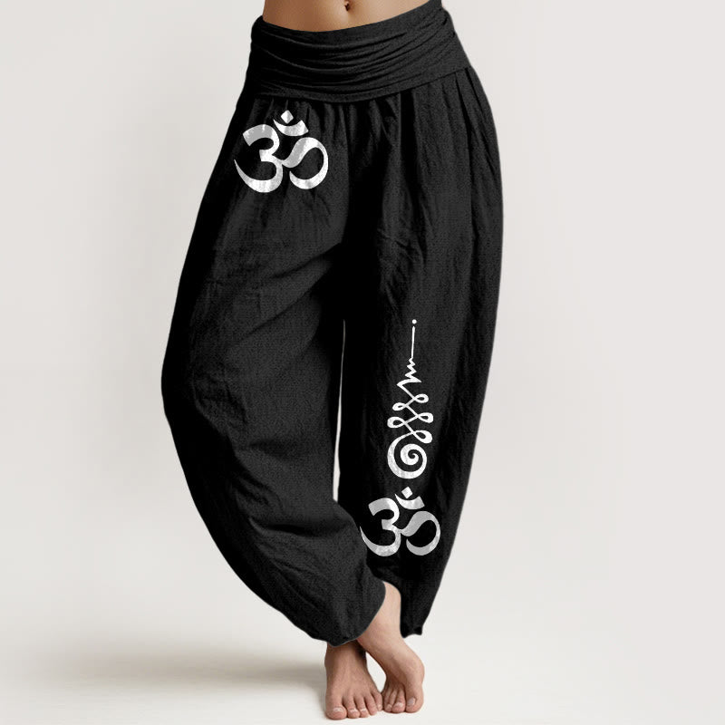 Buddha Stones Pantalon harem à taille élastique pour femme, motif lignes énergétiques OM, en coton Calm - Noir - US16，UK/AU20，EU48 (3XL) - image 0
