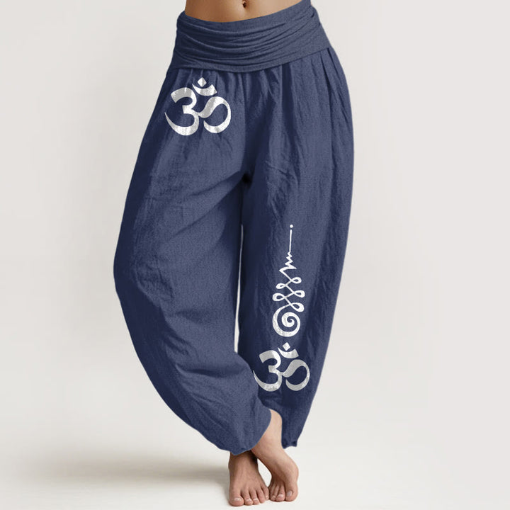Buddha Stones Pantalon harem à taille élastique pour femme, motif lignes énergétiques OM, en coton Calm - Bleu ardoise foncé - US16，UK/AU20，EU48 (3XL) - image 5