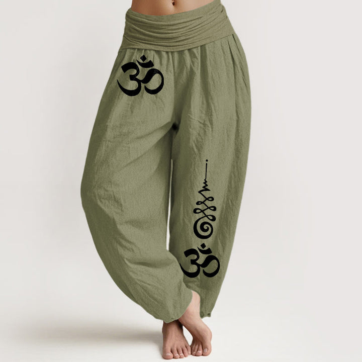 Buddha Stones Pantalon harem à taille élastique pour femme, motif lignes énergétiques OM, en coton Calm - Vert olive - US16，UK/AU20，EU48 (3XL) - image 14