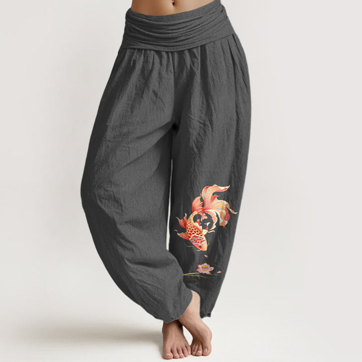 Buddha Stones Pantalon harem à taille élastique pour femme, motif carpe koï et lotus, en coton Luck - Gris terne - US16，UK/AU20，EU48 (3XL) - image 8