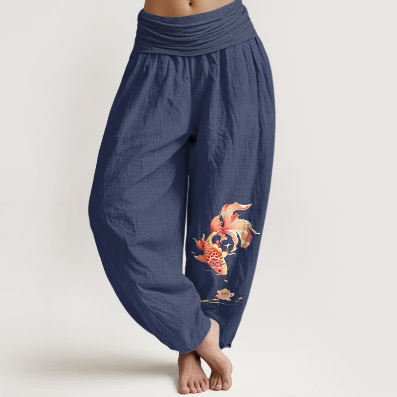 Buddha Stones Pantalon harem à taille élastique pour femme, motif carpe koï et lotus, en coton Luck - Bleu ardoise foncé - US16，UK/AU20，EU48 (3XL) - image 5