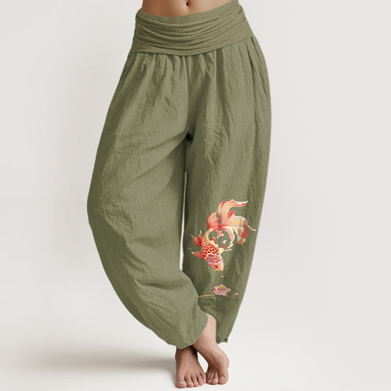 Buddha Stones Pantalon harem à taille élastique pour femme, motif carpe koï et lotus, en coton Luck - Vert olive - US16，UK/AU20，EU48 (3XL) - image 14