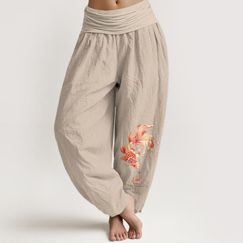 Buddha Stones Pantalon harem à taille élastique pour femme, motif carpe koï et lotus, en coton Luck - Tanné - US16，UK/AU20，EU48 (3XL) - image 11