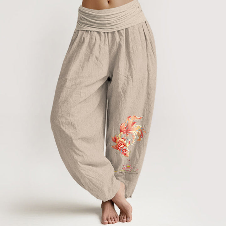 Buddha Stones Pantalon harem à taille élastique pour femme, motif carpe koï et lotus, en coton Luck - Tanné - US16，UK/AU20，EU48 (3XL) - image 11