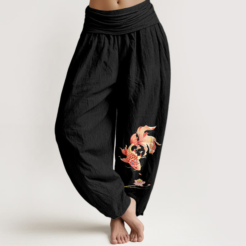 Buddha Stones Pantalon harem à taille élastique pour femme, motif carpe koï et lotus, en coton Luck - Noir - US16，UK/AU20，EU48 (3XL) - image 0