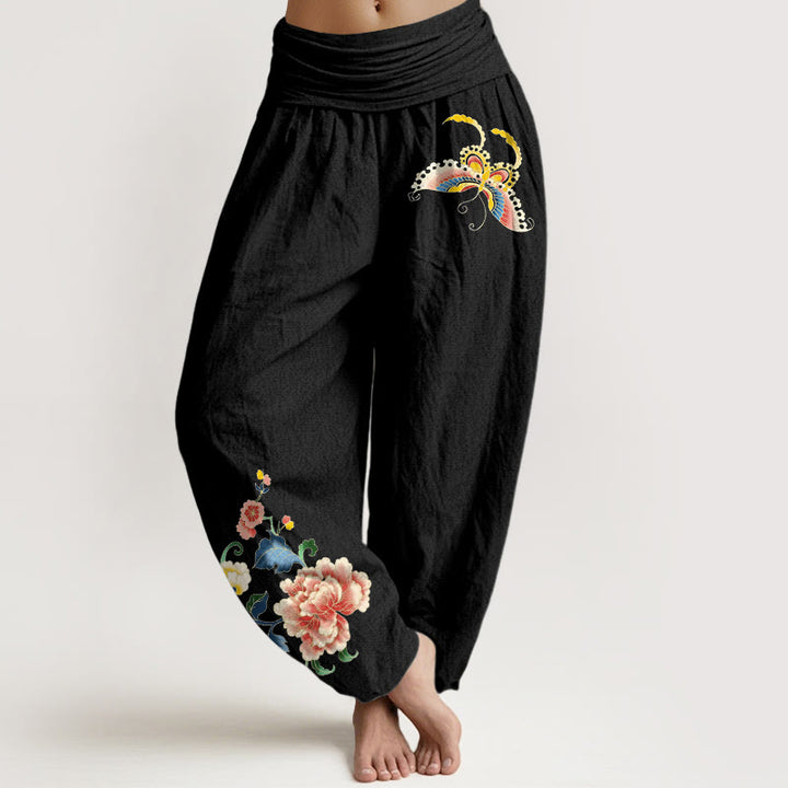 Buddha Stones Pantalon harem à taille élastique pour femme, en coton, motif pivoine et papillon porte-bonheur - Noir - US16，UK/AU20，EU48 (3XL) - image 5