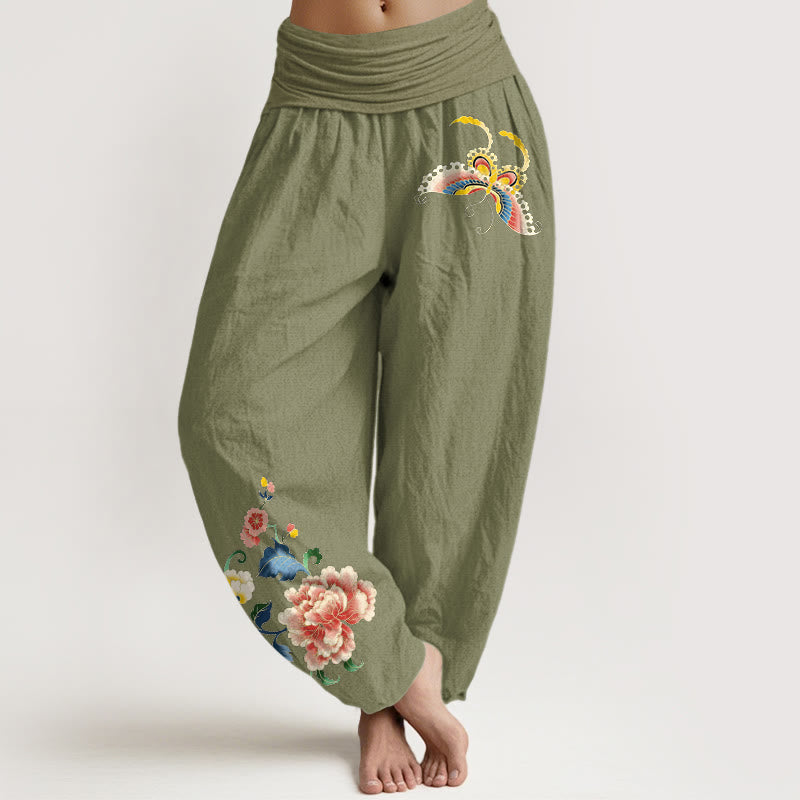 Buddha Stones Pantalon harem à taille élastique pour femme, en coton, motif pivoine et papillon porte-bonheur - Vert olive - US16，UK/AU20，EU48 (3XL) - image 0