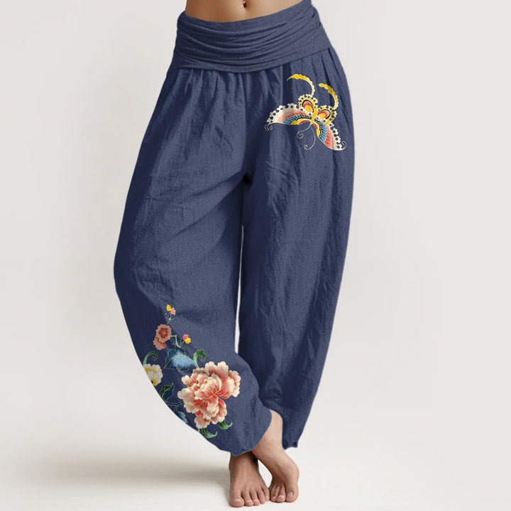 Buddha Stones Pantalon harem à taille élastique pour femme, en coton, motif pivoine et papillon porte-bonheur - Bleu ardoise foncé - US16，UK/AU20，EU48 (3XL) - image 8