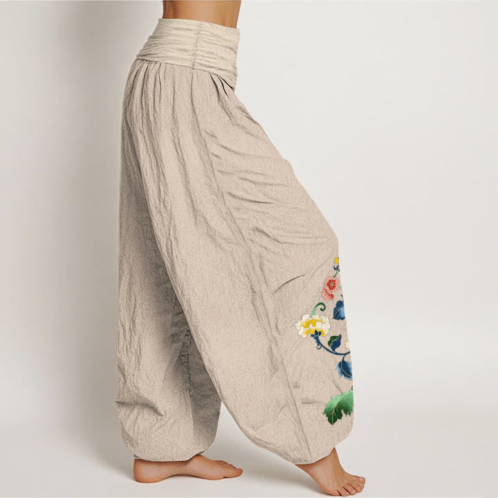 Buddha Stones Pantalon harem à taille élastique pour femme, en coton, motif pivoine et papillon porte-bonheur - image 15