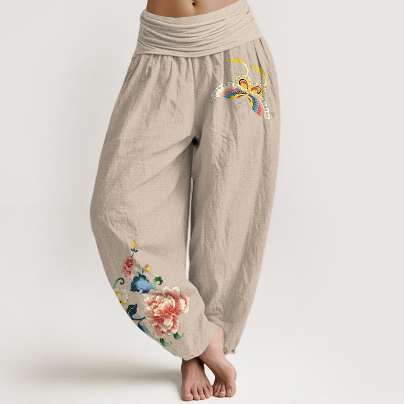 Buddha Stones Pantalon harem à taille élastique pour femme, en coton, motif pivoine et papillon porte-bonheur - Tanné - US16，UK/AU20，EU48 (3XL) - image 14