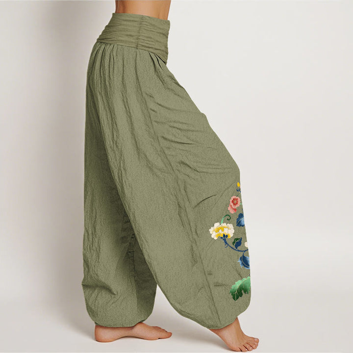 Buddha Stones Pantalon harem à taille élastique pour femme, en coton, motif pivoine et papillon porte-bonheur - image 1