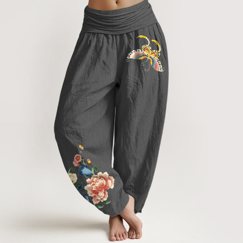 Buddha Stones Pantalon harem à taille élastique pour femme, en coton, motif pivoine et papillon porte-bonheur - Gris terne - US16，UK/AU20，EU48 (3XL) - image 11