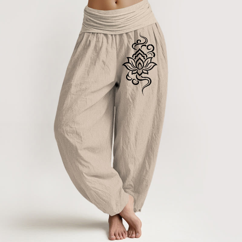 Buddha Stones Pantalon harem pour femme en coton à motif lotus simple et taille élastique - Tanné - US16，UK/AU20，EU48 (3XL) - image 0