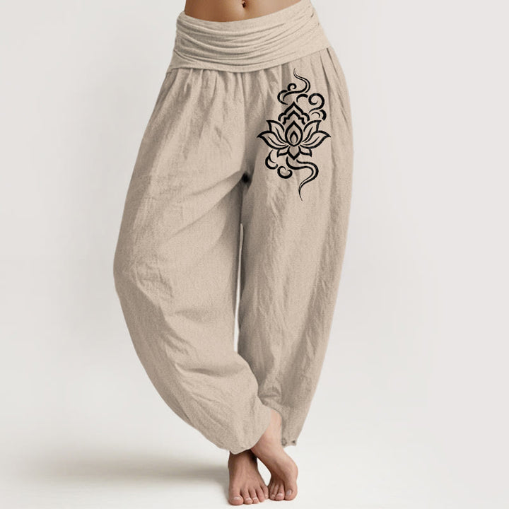 Buddha Stones Pantalon harem pour femme en coton à motif lotus simple et taille élastique - Tanné - US16，UK/AU20，EU48 (3XL) - image 0