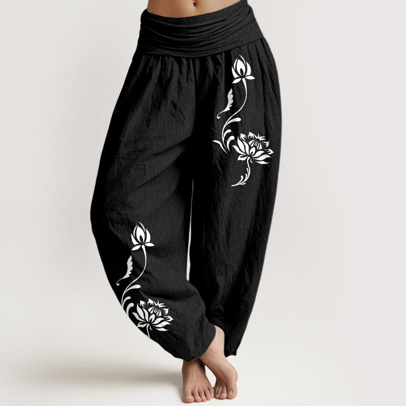 Buddha Stones Pantalon harem pour femme en coton stable à motif pétales de lotus et taille élastique - Noir - US16，UK/AU20，EU48 (3XL) - image 5