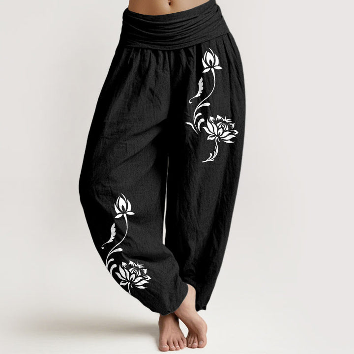 Buddha Stones Pantalon harem pour femme en coton stable à motif pétales de lotus et taille élastique - Noir - US16，UK/AU20，EU48 (3XL) - image 5