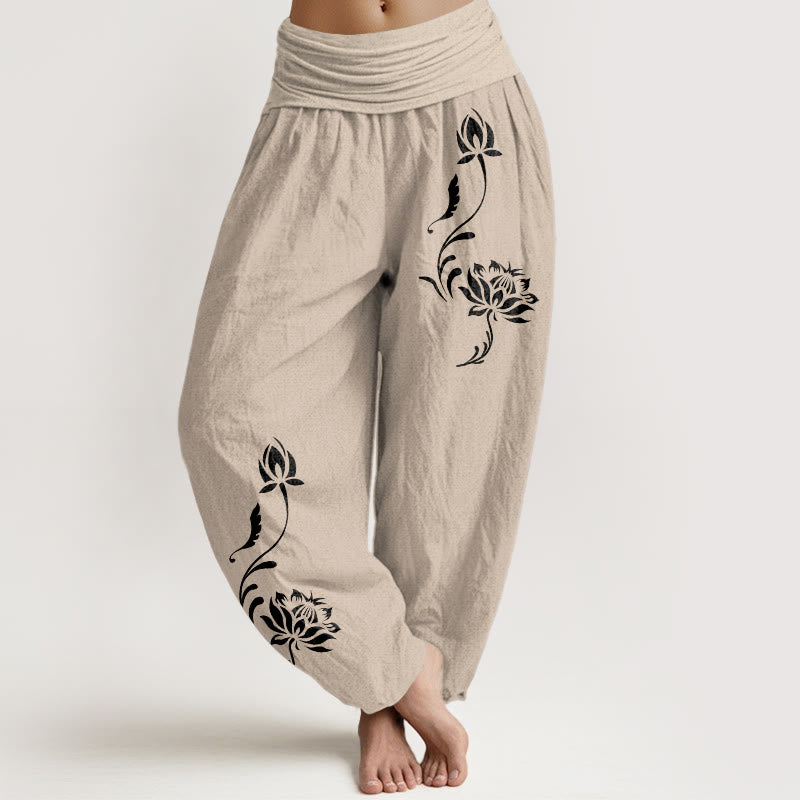 Buddha Stones Pantalon harem pour femme en coton stable à motif pétales de lotus et taille élastique - Tanné - US16，UK/AU20，EU48 (3XL) - image 11