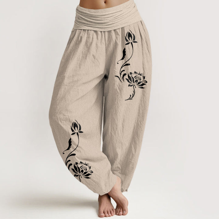 Buddha Stones Pantalon harem pour femme en coton stable à motif pétales de lotus et taille élastique - Tanné - US16，UK/AU20，EU48 (3XL) - image 11