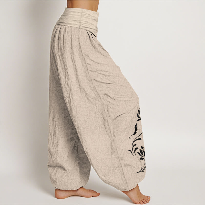 Buddha Stones Pantalon harem pour femme en coton stable à motif pétales de lotus et taille élastique - image 12
