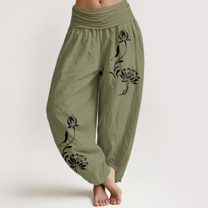 Buddha Stones Pantalon harem pour femme en coton stable à motif pétales de lotus et taille élastique - Vert olive - US16，UK/AU20，EU48 (3XL) - image 14