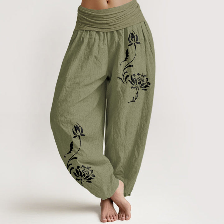 Buddha Stones Pantalon harem pour femme en coton stable à motif pétales de lotus et taille élastique - Vert olive - US16，UK/AU20，EU48 (3XL) - image 14