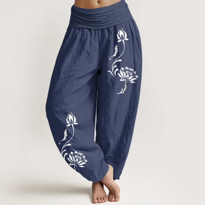 Buddha Stones Pantalon harem pour femme en coton stable à motif pétales de lotus et taille élastique - Bleu ardoise foncé - US16，UK/AU20，EU48 (3XL) - image 0