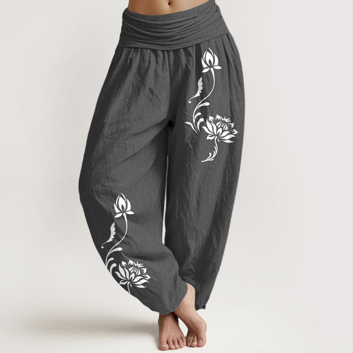 Buddha Stones Pantalon harem pour femme en coton stable à motif pétales de lotus et taille élastique - Gris sombre - US16，UK/AU20，EU48 (3XL) - image 8