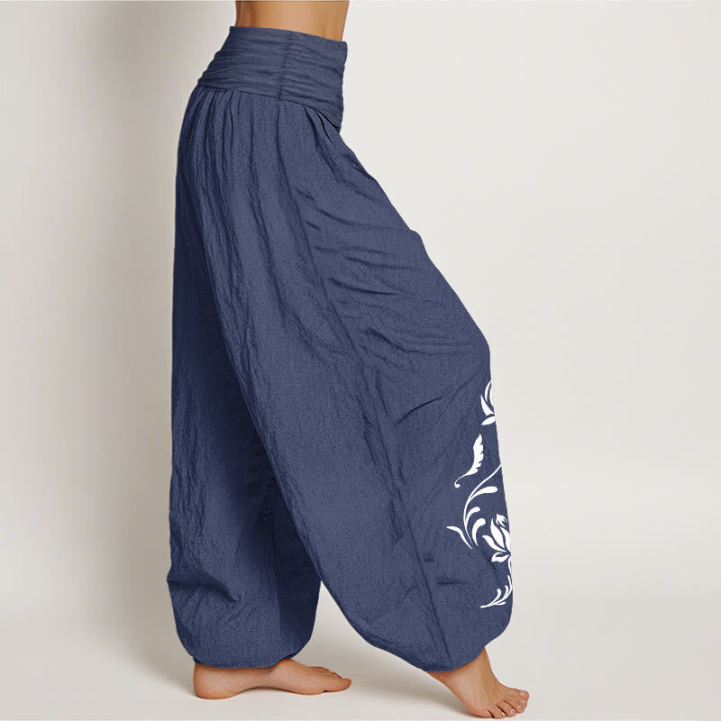 Buddha Stones Pantalon harem pour femme en coton stable à motif pétales de lotus et taille élastique - image 1