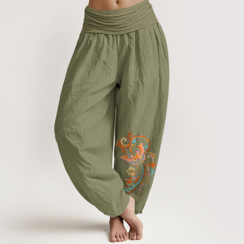 Buddha Stones Pantalon harem à taille élastique pour femme, sans coton, motif papillon et nuage porte-bonheur - Vert olive - US16，UK/AU20，EU48 (3XL) - image 14