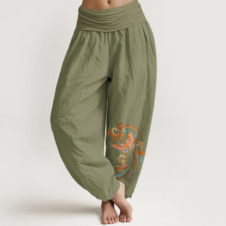 Buddha Stones Pantalon harem à taille élastique pour femme, sans coton, motif papillon et nuage porte-bonheur - Vert olive - US16，UK/AU20，EU48 (3XL) - image 14