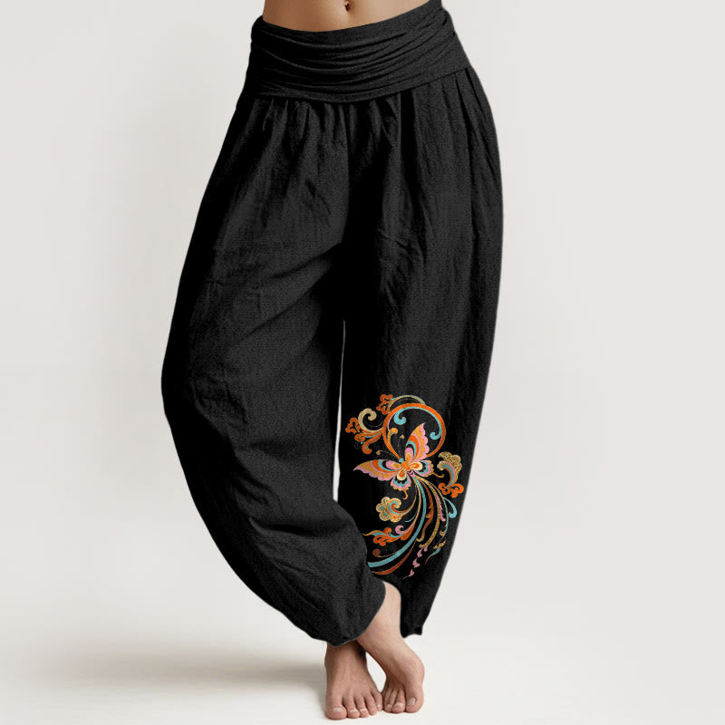 Buddha Stones Pantalon harem à taille élastique pour femme, sans coton, motif papillon et nuage porte-bonheur - Noir - US16，UK/AU20，EU48 (3XL) - image 0
