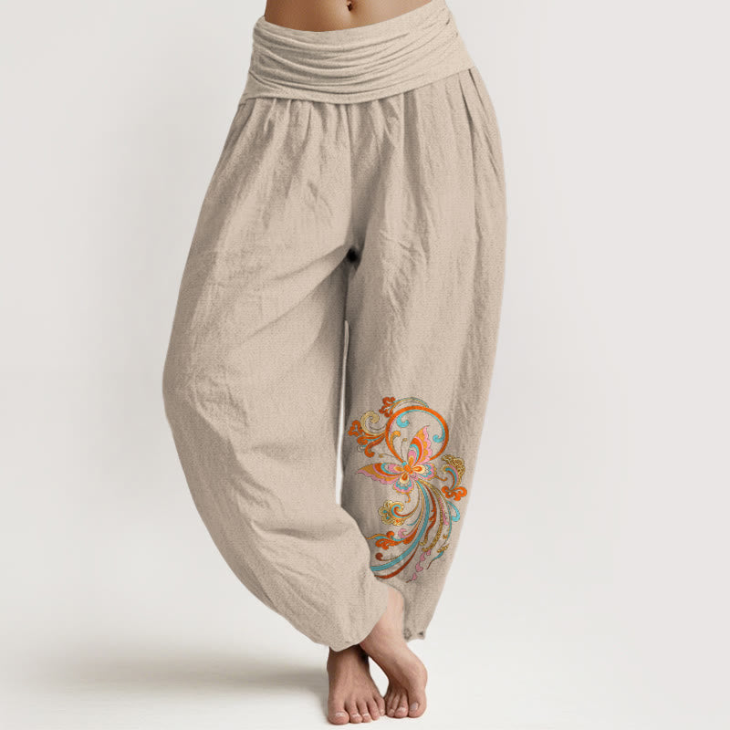 Buddha Stones Pantalon harem à taille élastique pour femme, sans coton, motif papillon et nuage porte-bonheur - Tanné - US16，UK/AU20，EU48 (3XL) - image 11