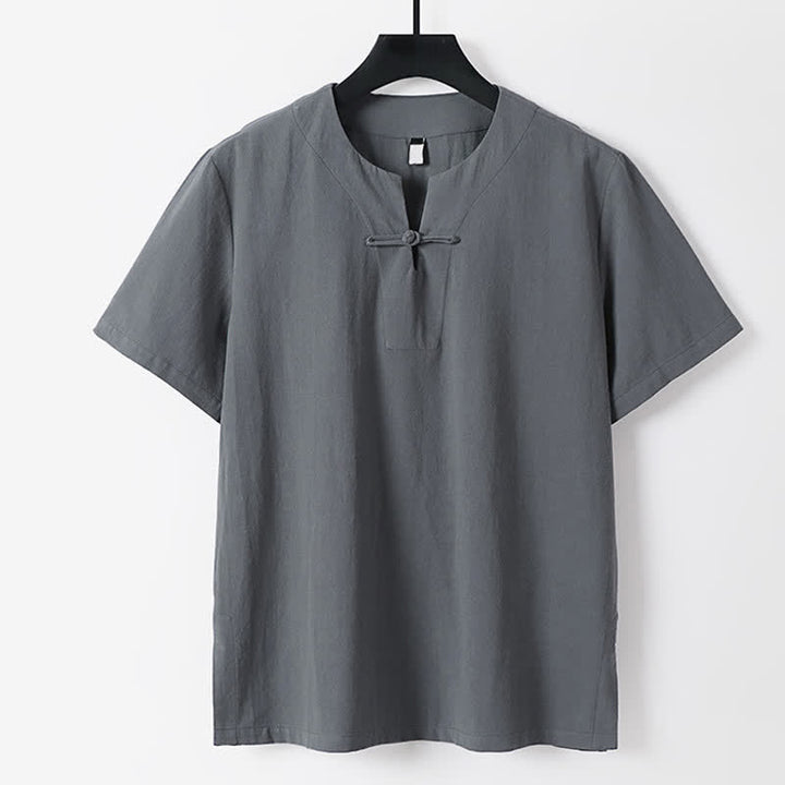 Buddha Stones T-shirt homme en coton et lin, manches courtes, col cranté, couleur unie, boutonnage brandebourg - Gris - US/UK/AU56，EU66(9XL) - image 0
