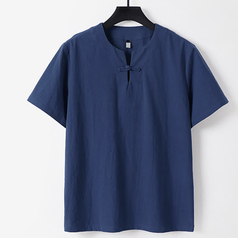 Buddha Stones T-shirt homme en coton et lin, manches courtes, col cranté, couleur unie, boutonnage brandebourg - Bleu foncé - US/UK/AU56，EU66(9XL) - image 3