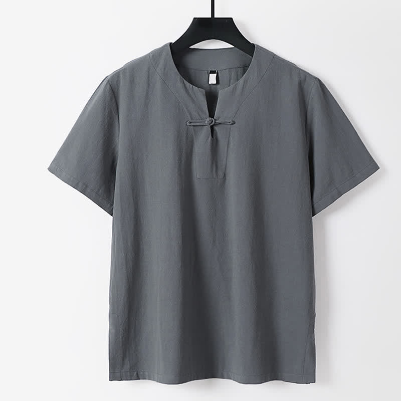 Buddha Stones T-shirt homme en coton et lin, manches courtes, col cranté, couleur unie, boutonnage brandebourg - Gris - US/UK/AU56，EU66(9XL) - image 0