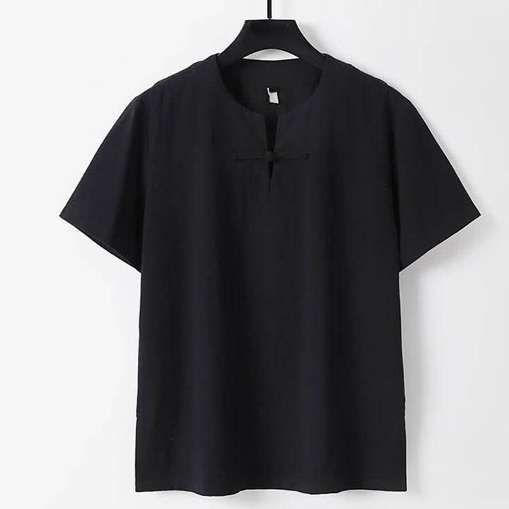 Buddha Stones T-shirt homme en coton et lin, manches courtes, col cranté, couleur unie, boutonnage brandebourg - Noir - US/UK/AU56，EU66(9XL) - image 2
