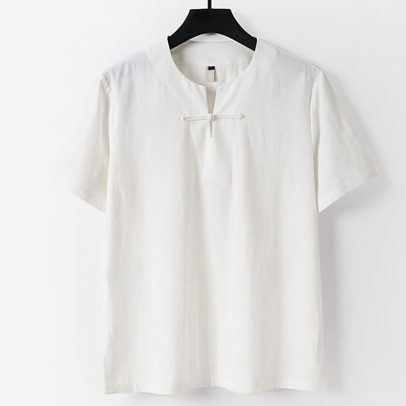 Buddha Stones T-shirt homme en coton et lin, manches courtes, col cranté, couleur unie, boutonnage brandebourg - Blanc - US/UK/AU56，EU66(9XL) - image 1