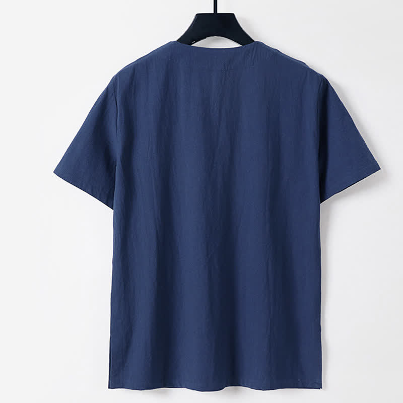 Buddha Stones T-shirt homme en coton et lin, manches courtes, col cranté, couleur unie, boutonnage brandebourg - image 4