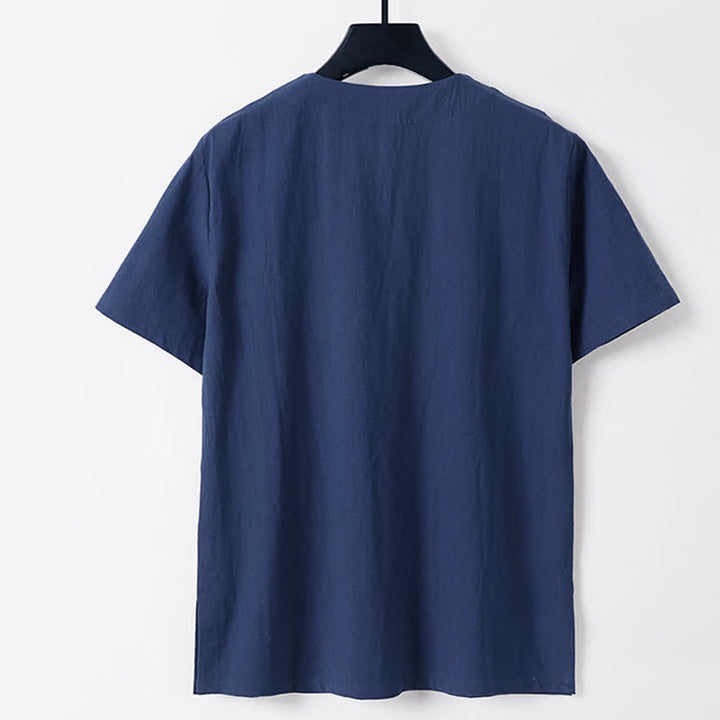 Buddha Stones T-shirt homme en coton et lin, manches courtes, col cranté, couleur unie, boutonnage brandebourg - image 4