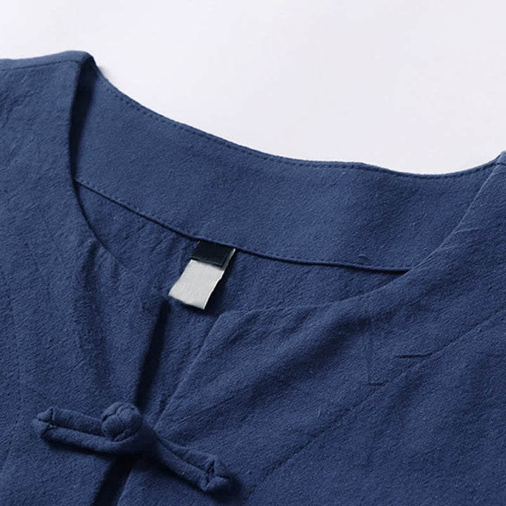 Buddha Stones T-shirt homme en coton et lin, manches courtes, col cranté, couleur unie, boutonnage brandebourg - image 5