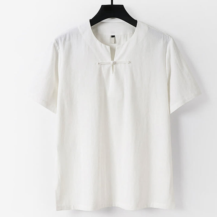 Buddha Stones T-shirt homme en coton et lin, manches courtes, col cranté, couleur unie, boutonnage brandebourg - Blanc - US/UK/AU56，EU66(9XL) - image 1