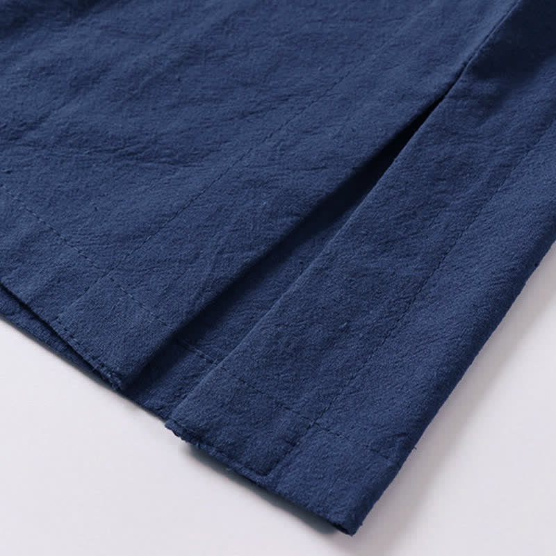 Buddha Stones T-shirt homme en coton et lin, manches courtes, col cranté, couleur unie, boutonnage brandebourg - image 10