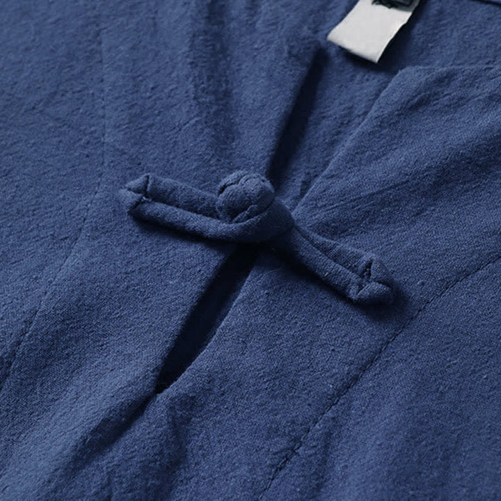 Buddha Stones T-shirt homme en coton et lin, manches courtes, col cranté, couleur unie, boutonnage brandebourg - image 6