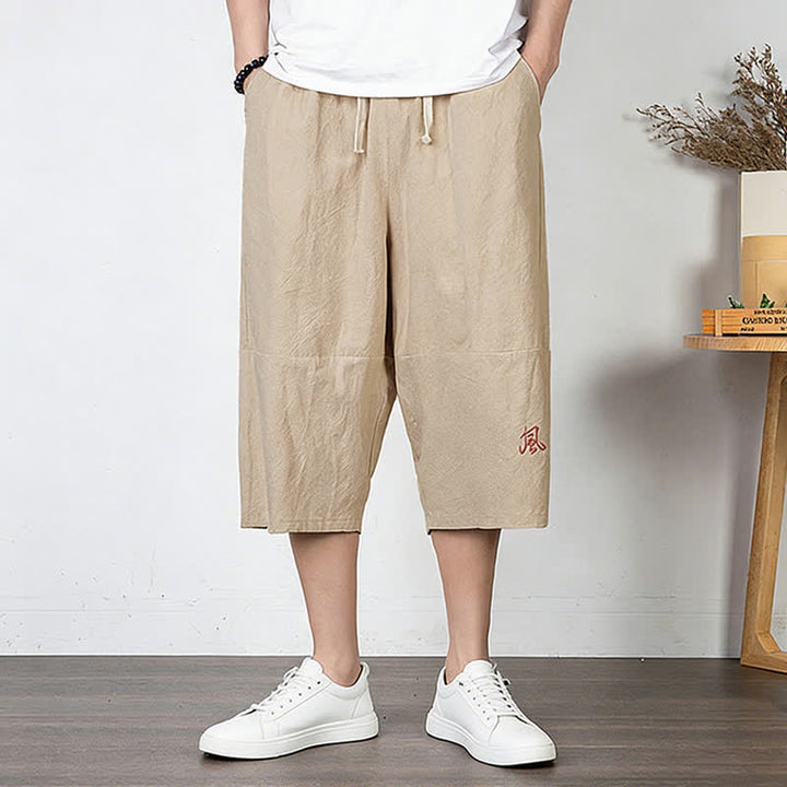 Buddha Stones Pantalon harem uni en coton et lin, longueur capri, avec cordon de serrage et poches. - image 13