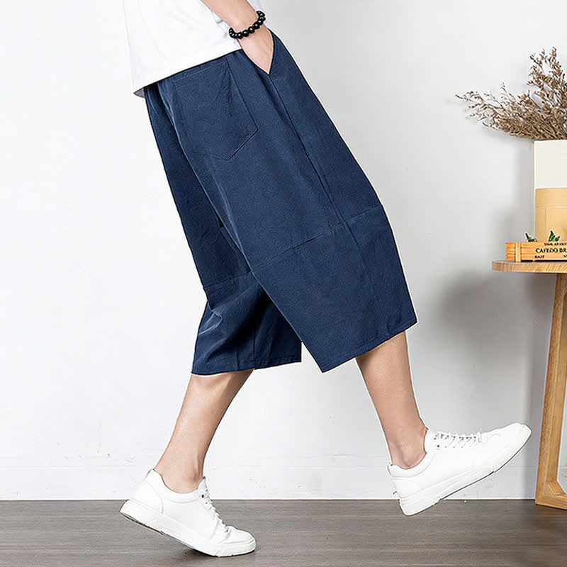 Buddha Stones Pantalon harem uni en coton et lin, longueur capri, avec cordon de serrage et poches. - image 18