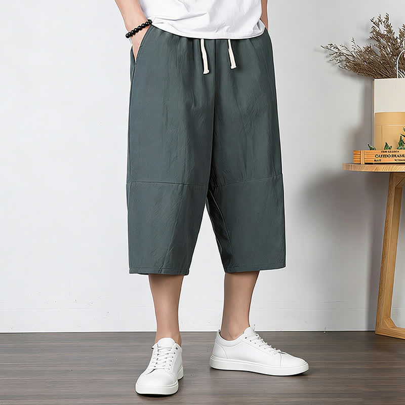 Buddha Stones Pantalon harem uni en coton et lin, longueur capri, avec cordon de serrage et poches. - image 1