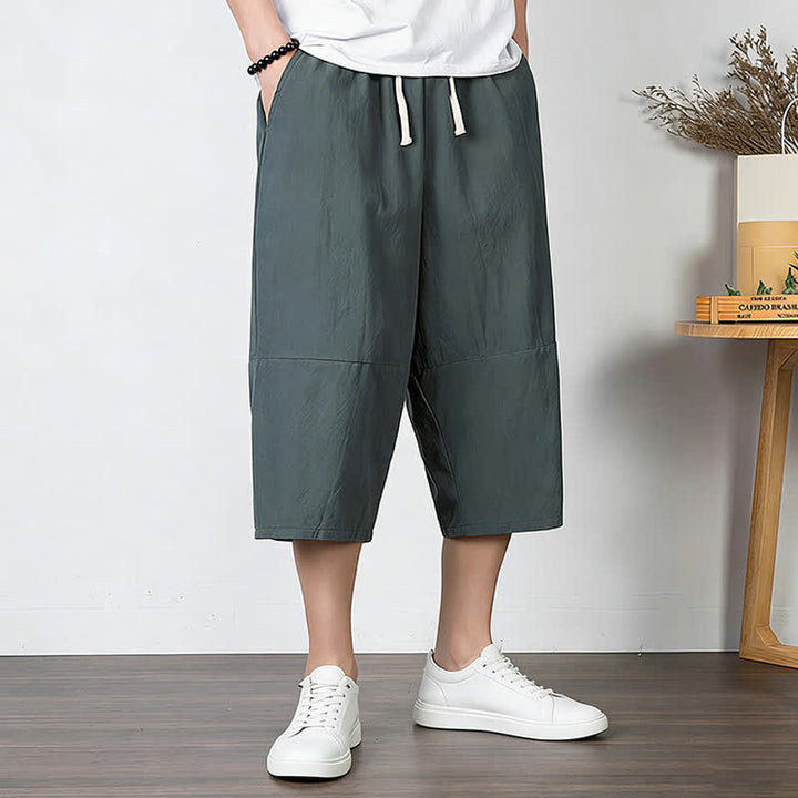 Buddha Stones Pantalon harem uni en coton et lin, longueur capri, avec cordon de serrage et poches. - image 1