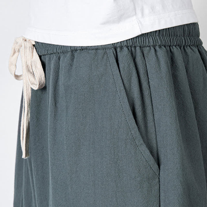 Buddha Stones Pantalon harem uni en coton et lin, longueur capri, avec cordon de serrage et poches. - image 3