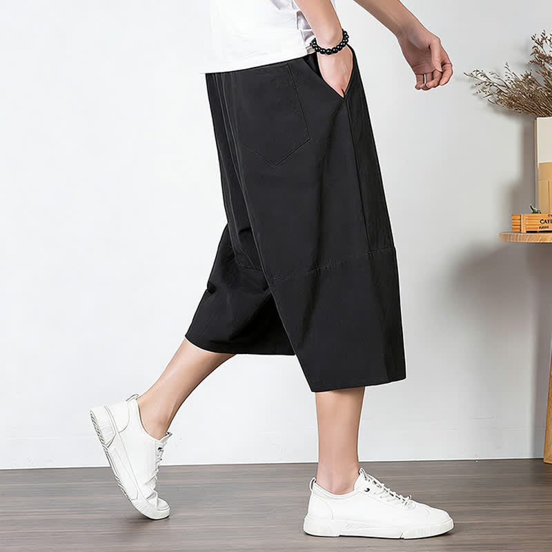 Buddha Stones Pantalon harem uni en coton et lin, longueur capri, avec cordon de serrage et poches. - image 11